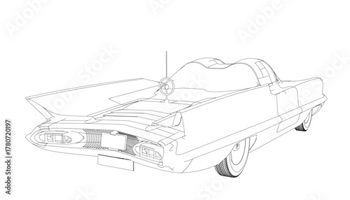 Retro future car contour drawing in black and white on a clean white background. This free printable coloring page provides a fun creative activity for children.