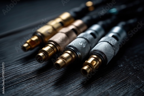 Close up of xlr audio cable connectors lying on a dark wooden surface