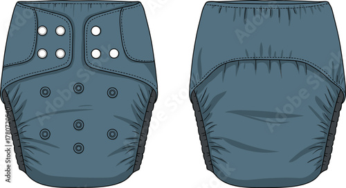 Modern reusable cloth diaper front and back view, adjustable baby nappy design, eco friendly washable diaper, sustainable baby care product illustration