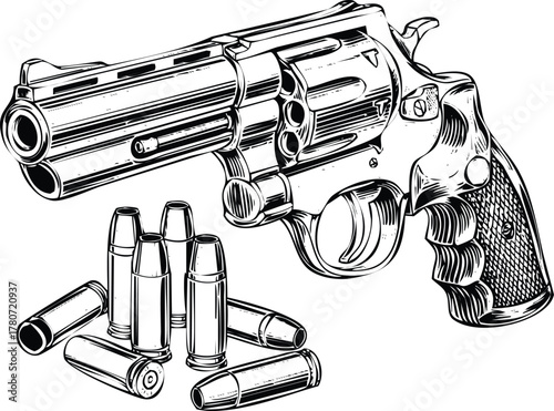 Revolver and bullets engraving art design