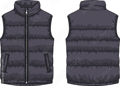 Modern black puffer vest front and back view, sleeveless winter jacket design, insulated body warmer fashion illustration for cold weather