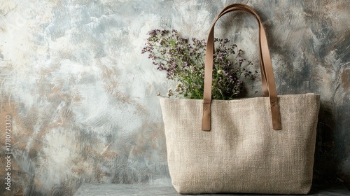 A beige canvas tote bag with leather straps, filled with a bouquet of purple flowers, sits against a textured, gray wall with a concrete base.