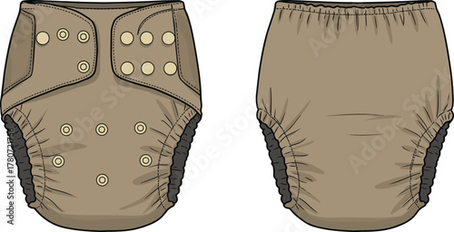 Reusable cloth diaper, adjustable baby nappy, eco-friendly diaper cover, washable infant diaper, modern cloth nappy, baby care product design, vector illustration