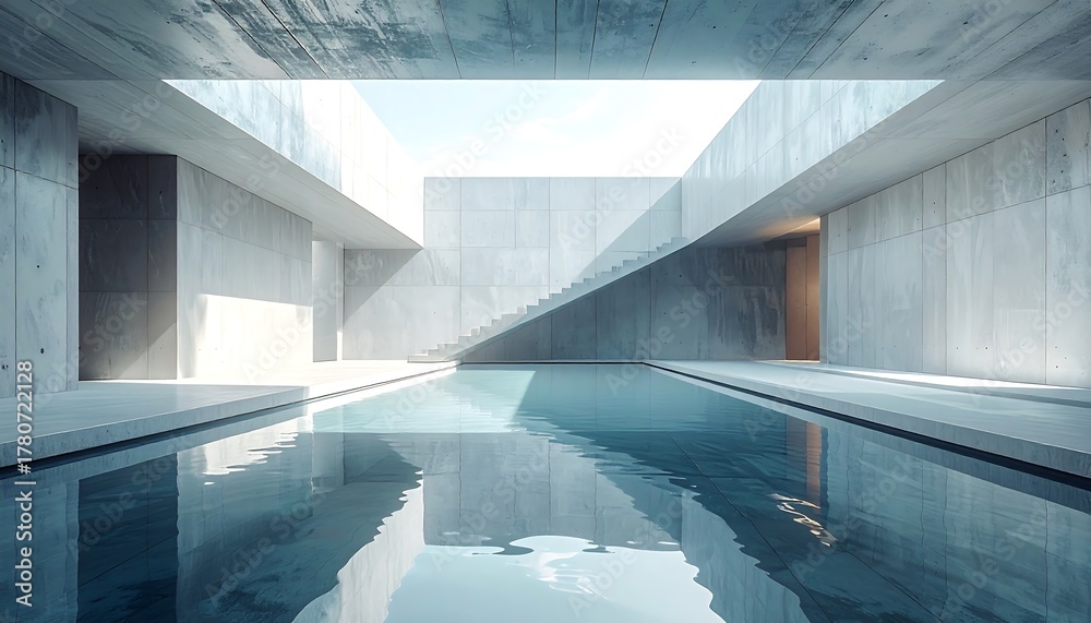 Fototapeta premium Minimalist pool reflects stark concrete walls and stairs under open sky, creating a serene, geometric vista