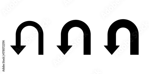 U Turn Go Back Thin and Thick Black Arrow Sign Icon Set. Vector Image.