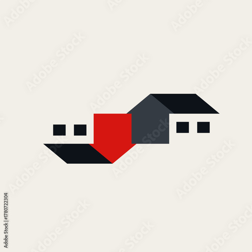 Two stylized houses with a sharp red arrow pointing downwards, representing falling property values, housing market risk, real estate crisis, and broader economic downturn.
