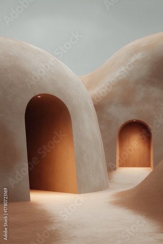 Futuristic desert home with smooth modular forms, surrounded by dry open landscape