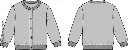 Cardigan flat sketch, front and back view, fashion design template, technical drawing, apparel illustration, sweater blueprint, vector garment CAD