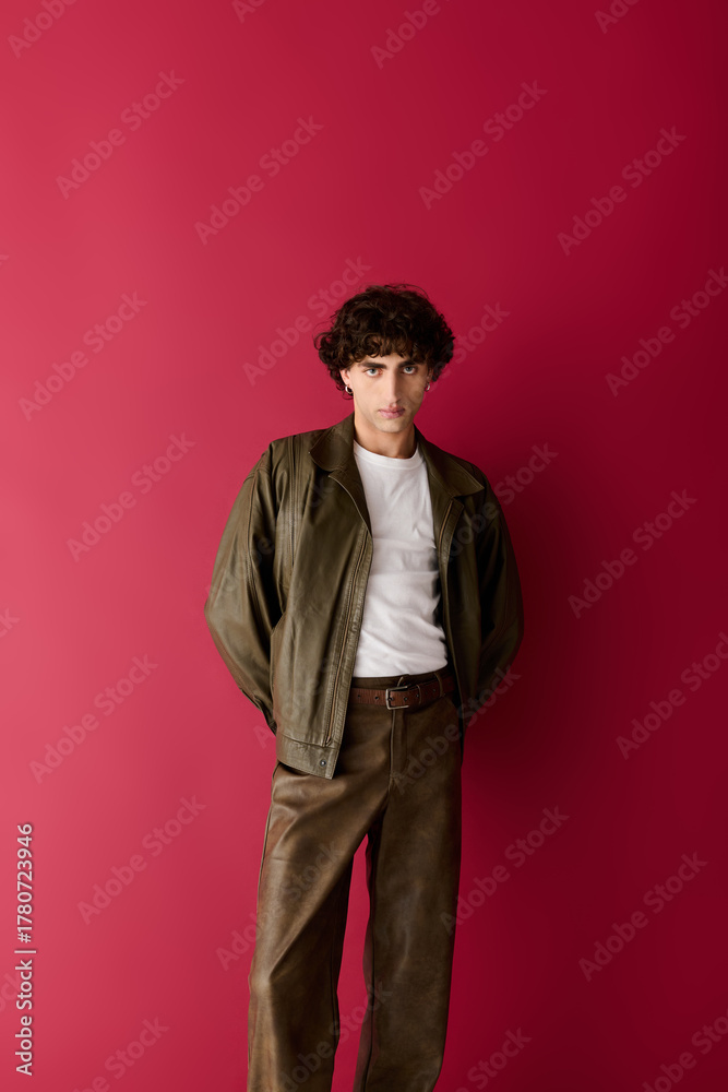 Obraz premium Handsome man showcases stylish outfit against vibrant red backdrop in modern setting