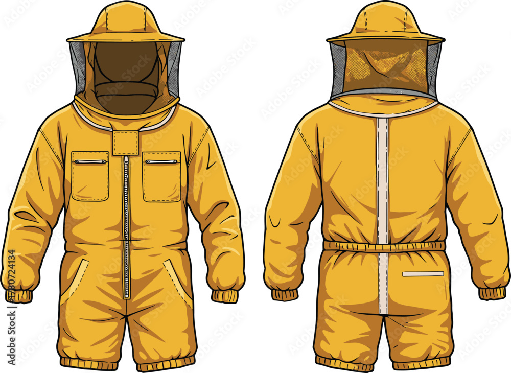 Fototapeta premium Beekeeping suit, yellow protective gear, front and back view, mesh veil, elastic cuffs, zipper closure, apiary clothing, insect protection