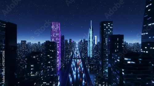Breathtaking high-angle static wide video of a sprawling futuristic city at night. Skyscrapers with pulsing neon LED lights. Busy highway with autonomous vehicle light trails. Evoking a cyberpunk