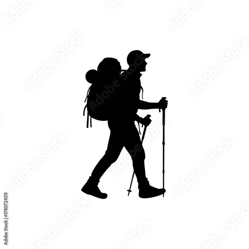 Silhouette of hiker walking with backpack and trekking poles through mountainous terrain on a sunny day, showcasing adventure and exploration.