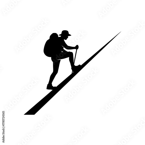 Silhouette of hiker climbs steep mountain slope with trekking poles, showcasing determination and adventure in minimalist style.
