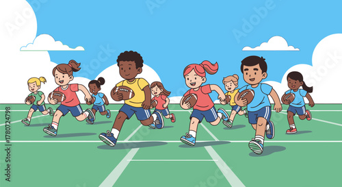 Children Playing Touch Football on a Green Field.