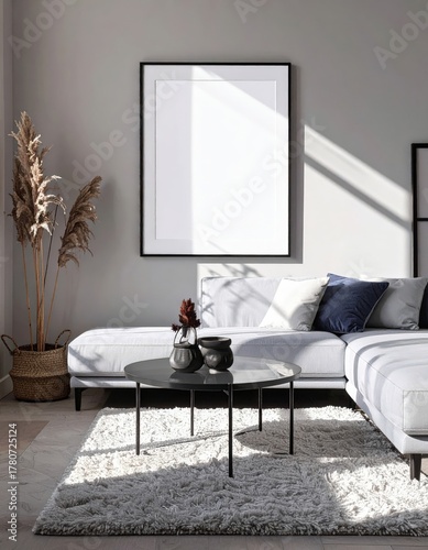Empty Vertical Frame Mockup on Wall in a Cozy Scandinavian Style Interior.