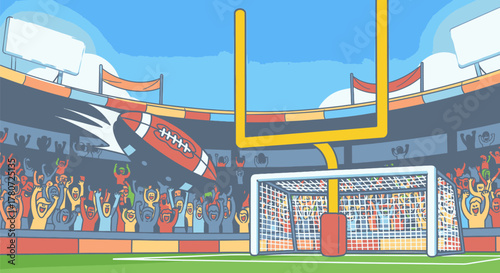 American Football Goalpost in a Stadium with Cheering Crowd.