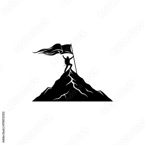 Silhouette of climber plants flag on mountain peak celebrating success with achievement and determination against white backdrop, symbolizing victory.