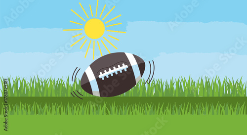 American Football on Green Grass Field in Sunlight.