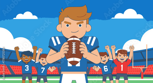 American Football Player Holding Ball with Teammates Cheering.