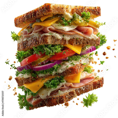 delicious sandwich falling isolated on transparent background