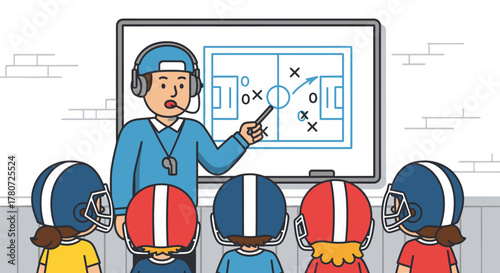 Football Coach Explaining Strategy to Team in Locker Room.