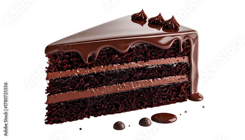 Decadent slice of dark chocolate layer cake dripping with glossy ganache sits isolated on black