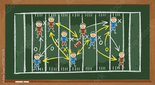 Football Play Diagram on Chalkboard with Players and Arrows.