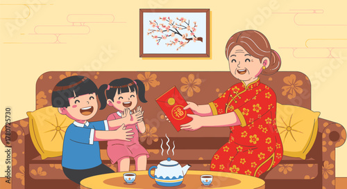 Grandmother Giving Red Envelopes to Grandchildren During Chinese New Year.
