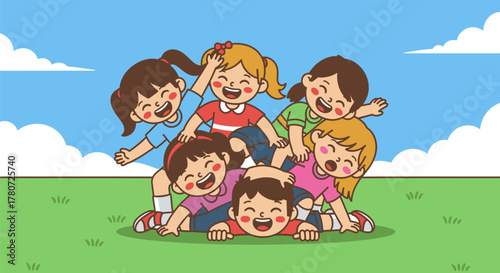 Group of Children Laughing and Playing Together Outdoors in a Pile.