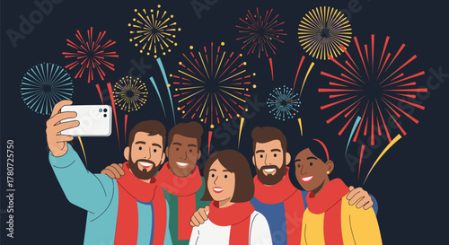 Group of friends taking a selfie with fireworks in the background 1.