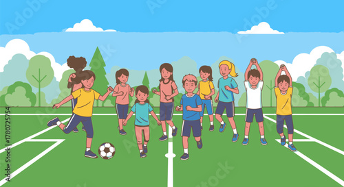 Group of Children Playing Soccer on a Green Field.