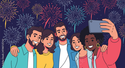 Group of friends taking a selfie with fireworks in the background.