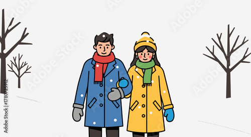Couple bundled up in winter coats walking in a snowy landscape.