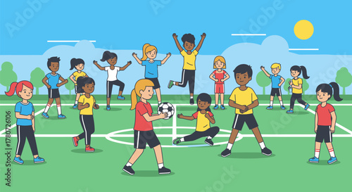 Diverse Children Playing Soccer on a Green Field.