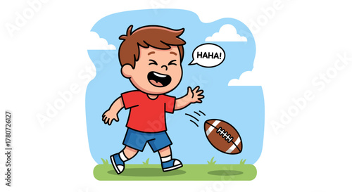 Cartoon Boy Laughing While Playing Football Outdoors.