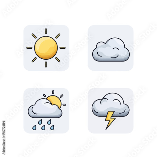 Four weather icons on a plain white background, depicting sunny, cloudy, rainy, and stormy conditions in a simple graphic style.