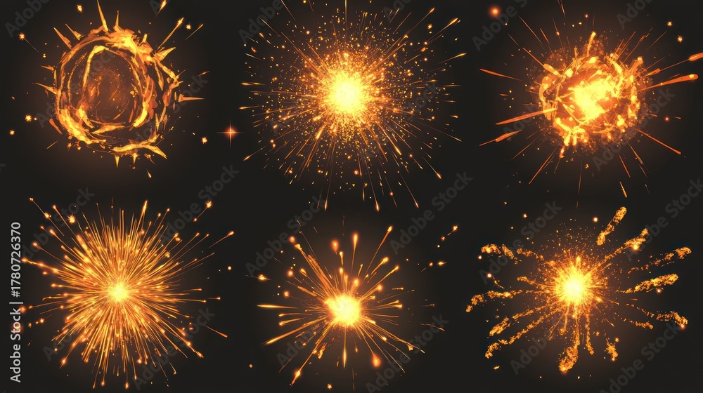 Naklejka premium Nine variations of golden sparks and bursts against a dark background, showing different radiating patterns and intensities.