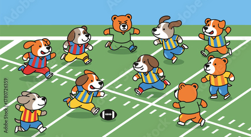 Cartoon dogs and bears playing football on a green field.