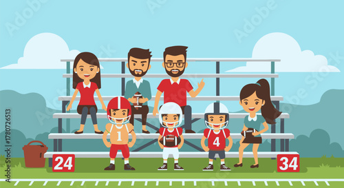 Cartoon illustration of a youth football team with coaches and fans.