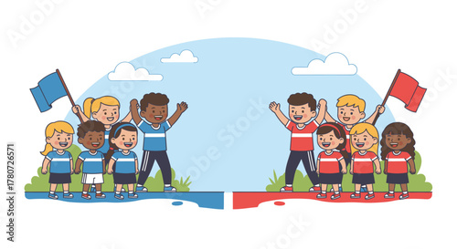 Cartoon Teams Facing Off with Flags and Cheering Supporters.