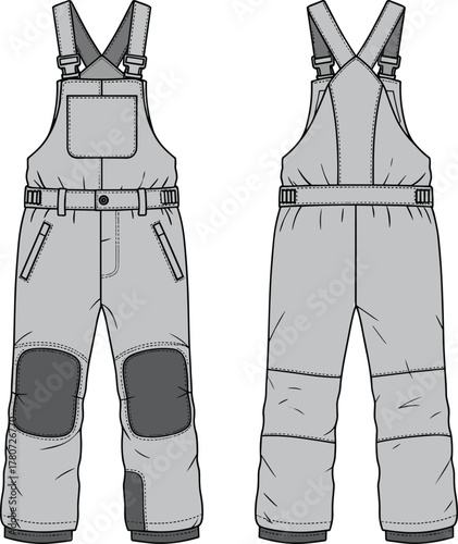 Technical overalls, front and back view, adjustable straps, reinforced knees, chest pocket, elastic waist, garment design, fashion blueprint, workwear