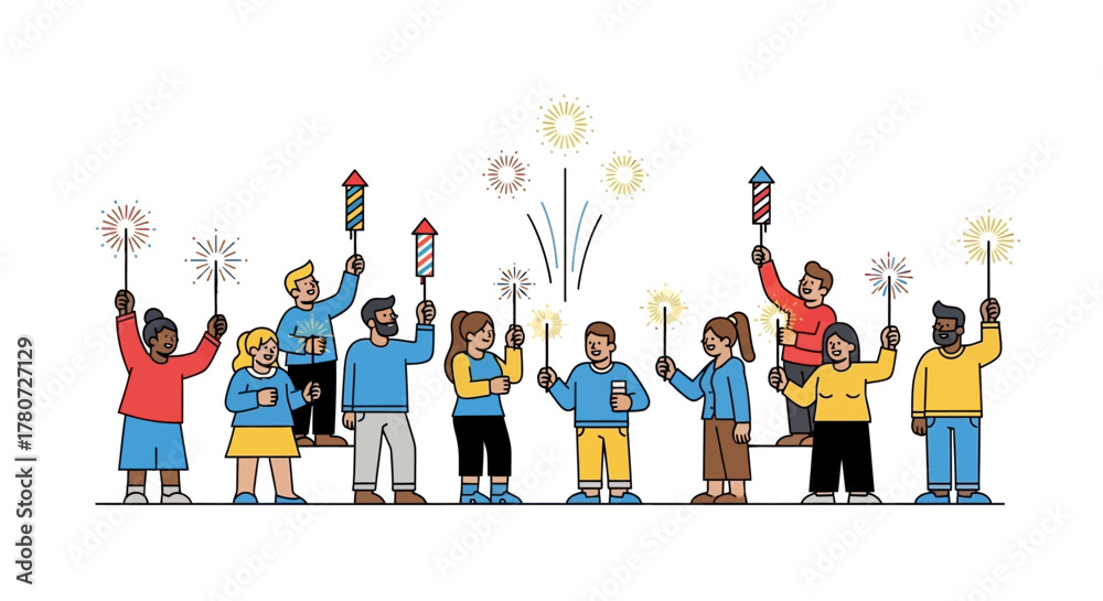 Obraz premium People holding sparklers fireworks celebrating with colorful explosions on white background