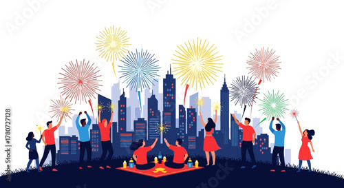 People celebrate with fireworks against a city skyline background