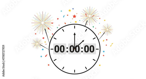 Clock near midnight fireworks behind confetti around