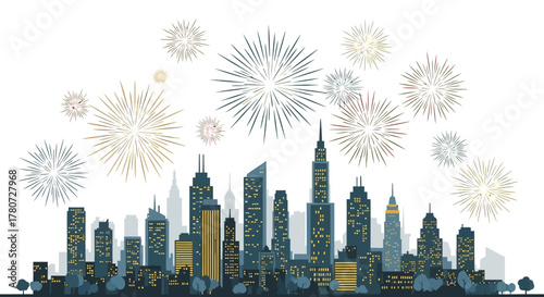 Cityscape with fireworks featuring tall buildings and trees