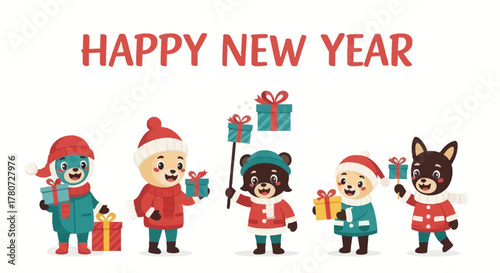 Cheerful cartoon animals celebrate the new year with gifts