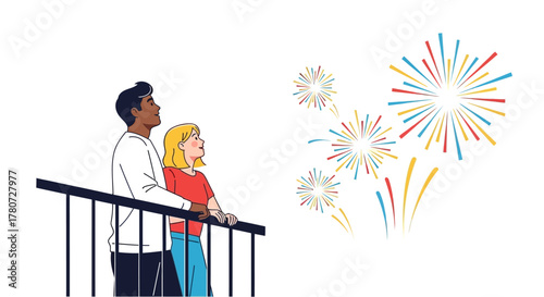 Couple watches colorful fireworks exploding in the sky from a balcony