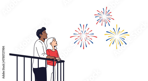 Couple watching fireworks from a balcony