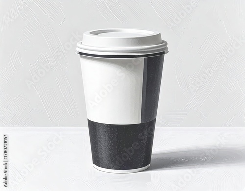 Minimalist black and white disposable coffee cup with lid on a white surface.