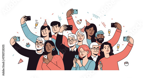 Group of people taking selfies with phones amidst confetti and celebratory hats
